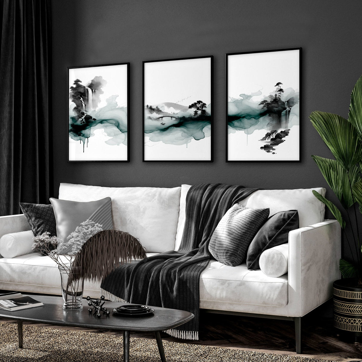 Pictures for Walls in Living Room Japandi Ink Wash Landscape Wall Art Prints | Set of 3