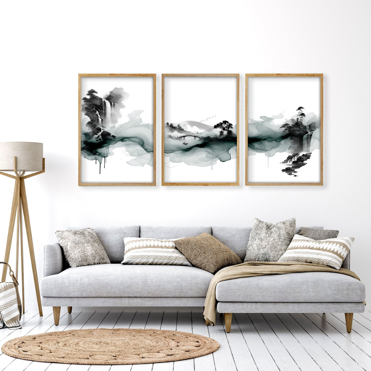 Pictures for Walls in Living Room Japandi Ink Wash Landscape Wall Art Prints | Set of 3