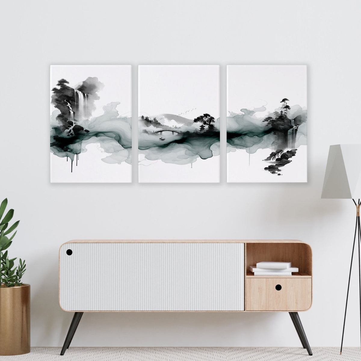 Pictures for Walls in Living Room Japandi Ink Wash Landscape Wall Art Prints | Set of 3