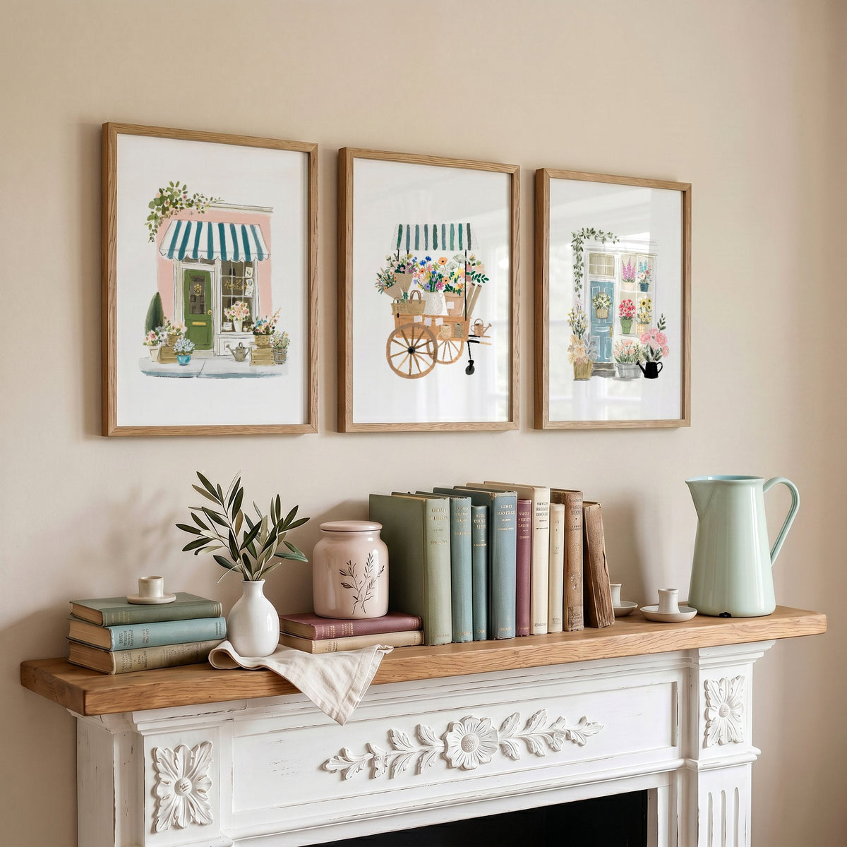 Pink Art Botanical Flower Shop & Market Cart Wall Art Prints | Set of 3