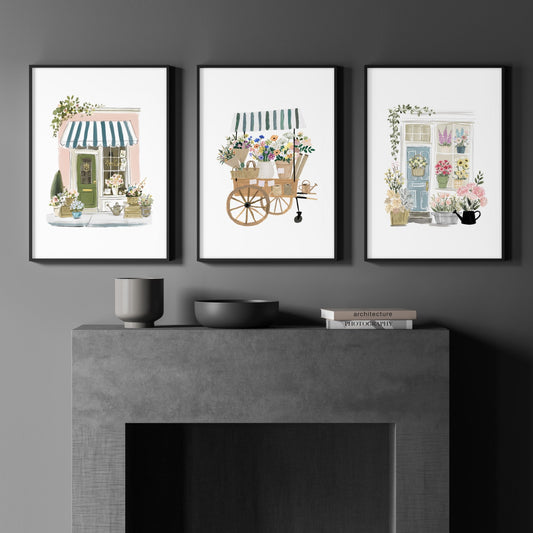 Pink Art Botanical Flower Shop & Market Cart Wall Art Prints | Set of 3