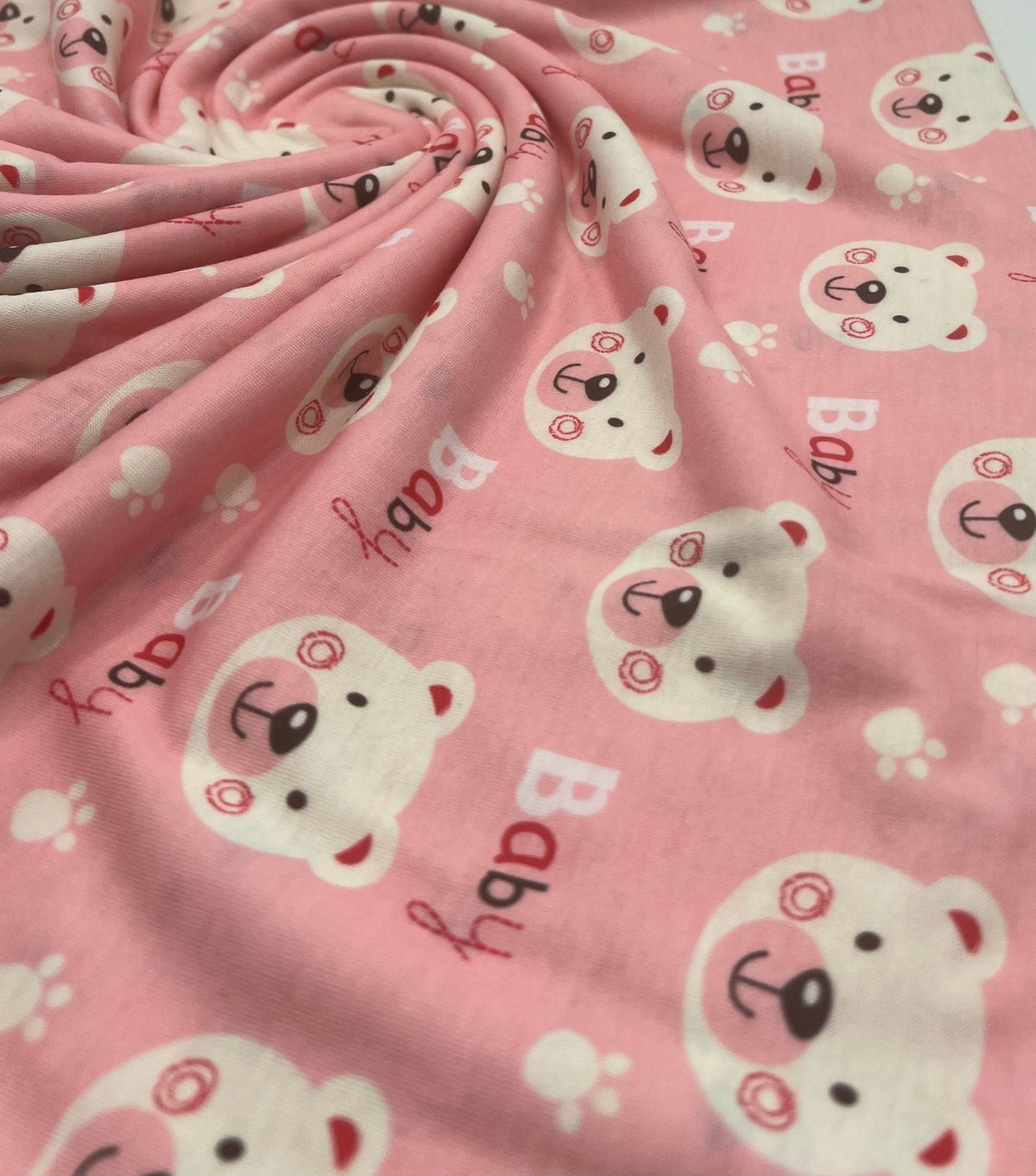 Pink Baby Bear Print Spun Poly Stretch Fabric