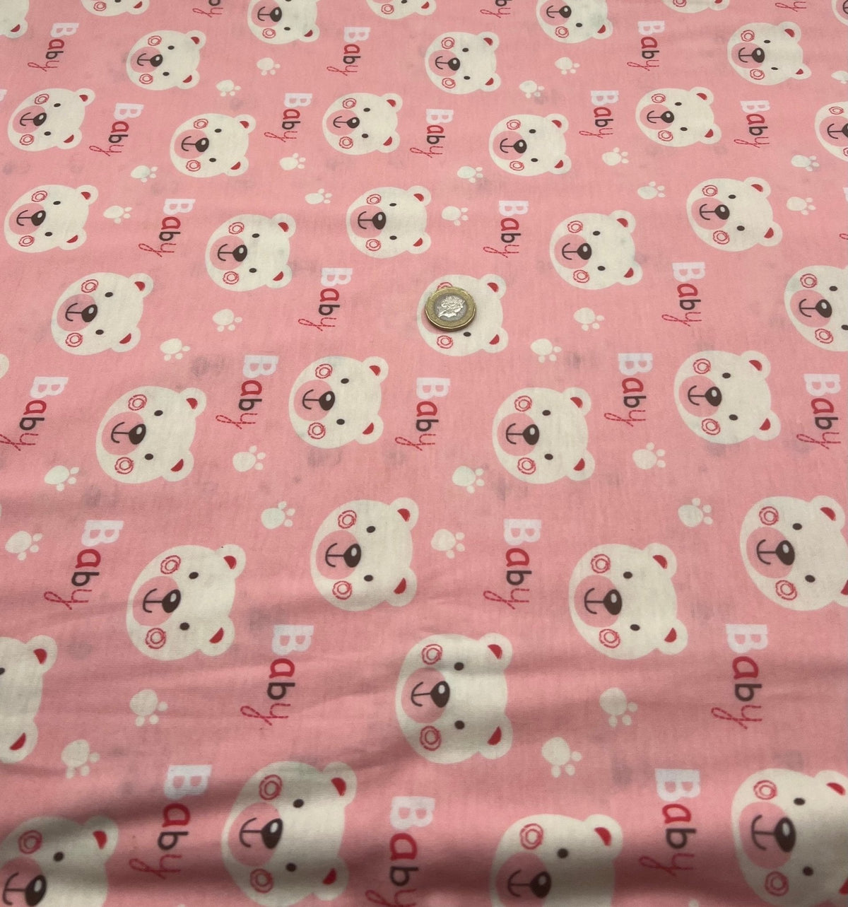 Pink Baby Bear Print Spun Poly Stretch Fabric