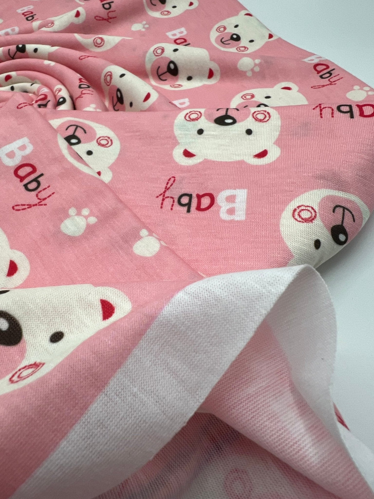 Pink Baby Bear Print Spun Poly Stretch Fabric