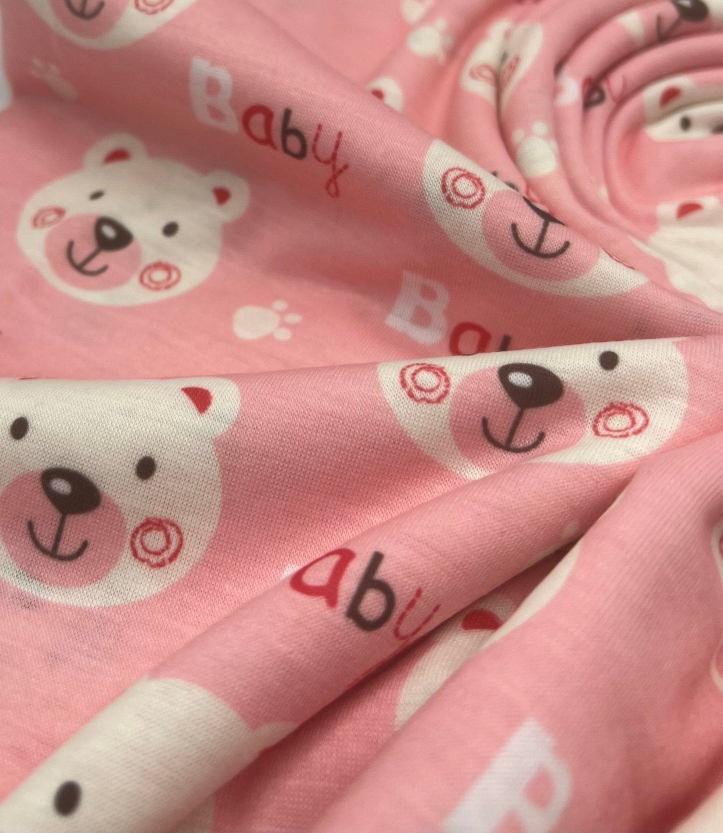 Pink Baby Bear Print Spun Poly Stretch Fabric