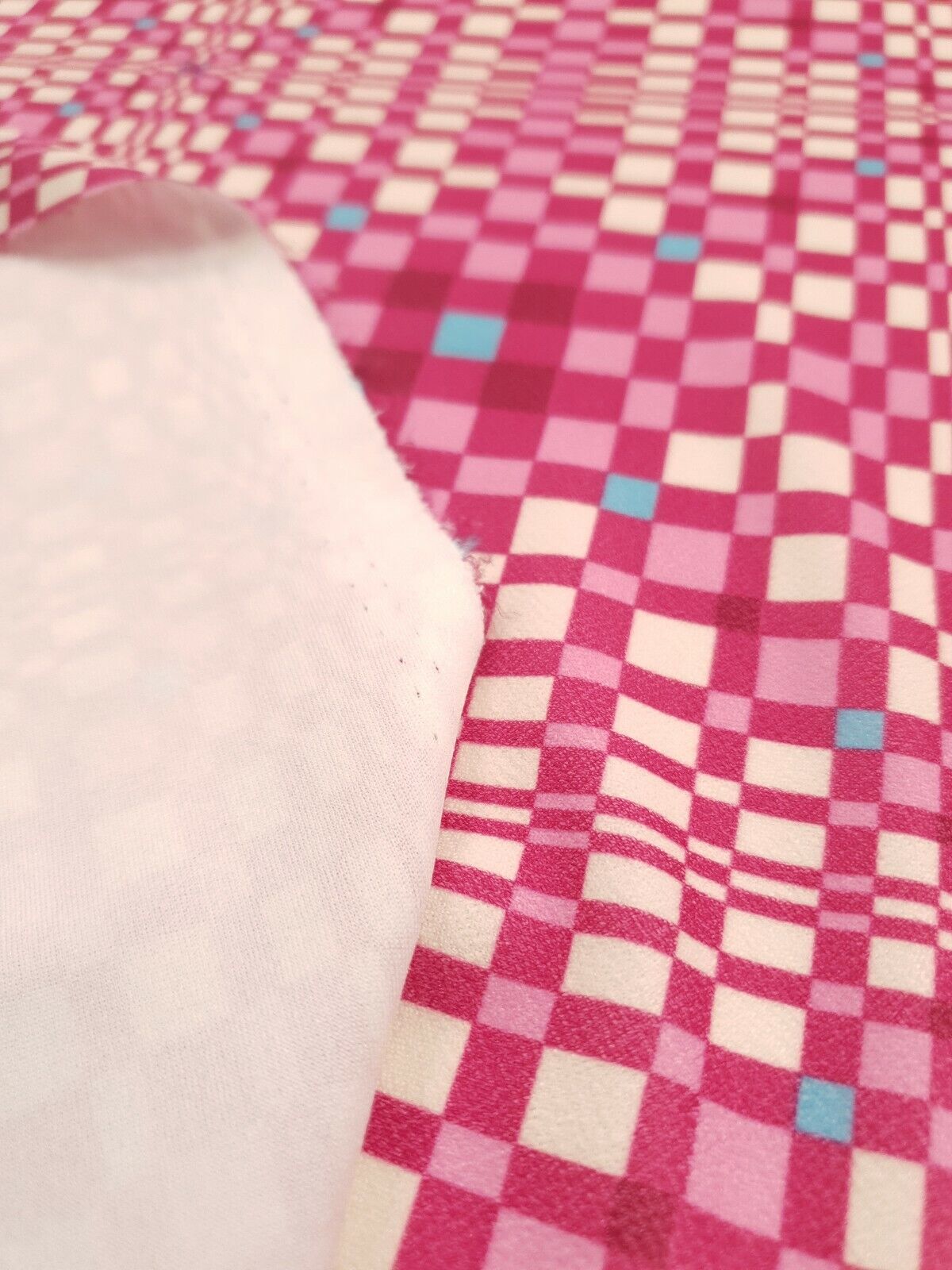 Pink & Blue Squares Print Lightweight Jersey Crepe Fabric 4 Way Stretch