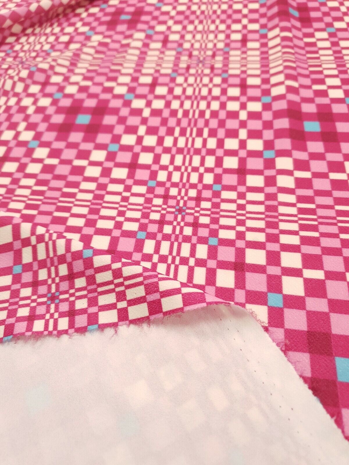 Pink & Blue Squares Print Lightweight Jersey Crepe Fabric 4 Way Stretch