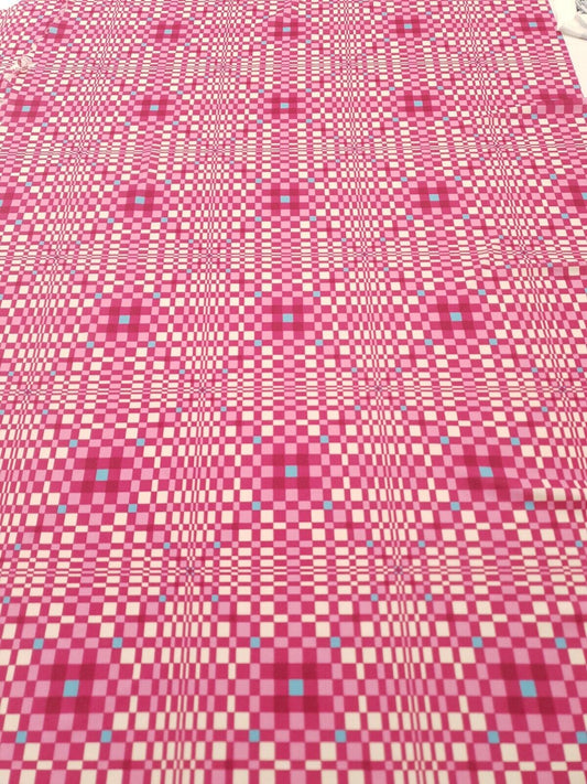 Pink & Blue Squares Print Lightweight Jersey Crepe Fabric 4 Way Stretch