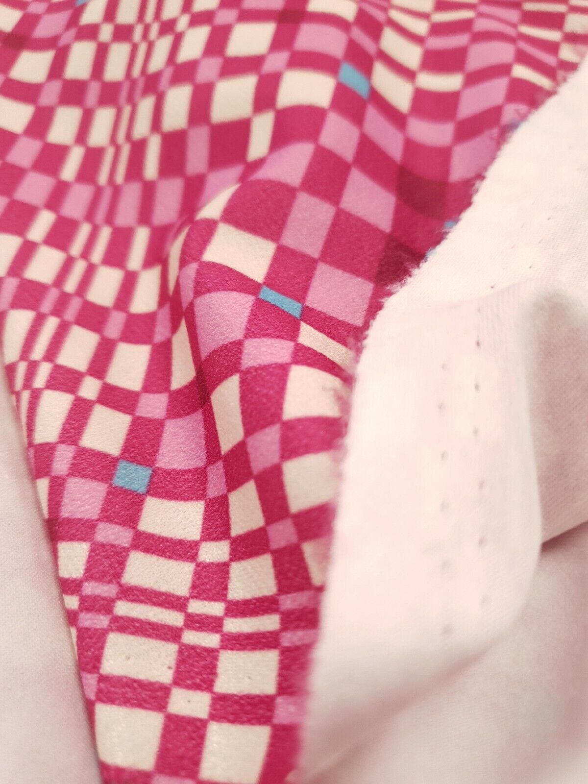 Pink & Blue Squares Print Lightweight Jersey Crepe Fabric 4 Way Stretch