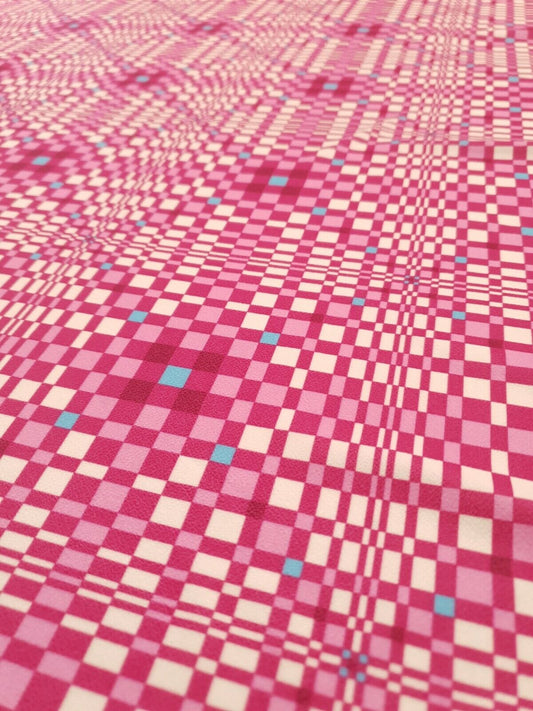 Pink & Blue Squares Print Lightweight Jersey Crepe Fabric 4 Way Stretch