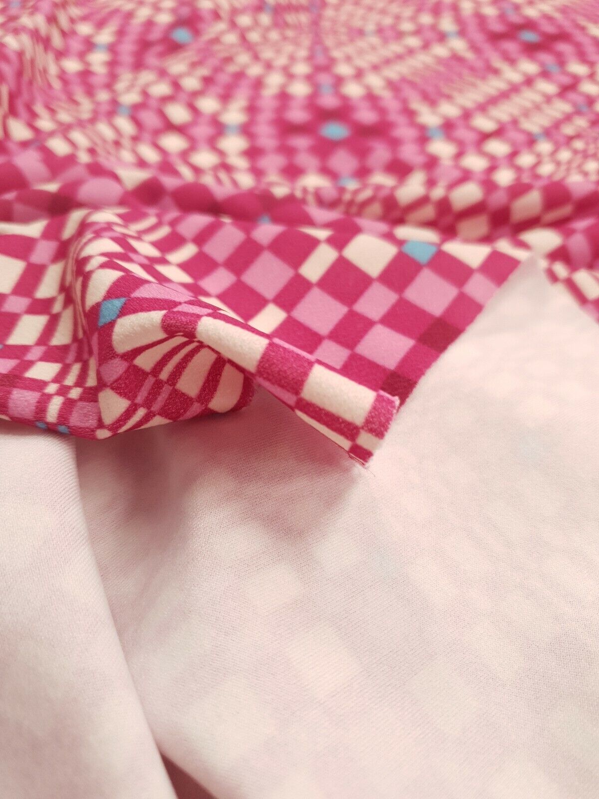 Pink & Blue Squares Print Lightweight Jersey Crepe Fabric 4 Way Stretch