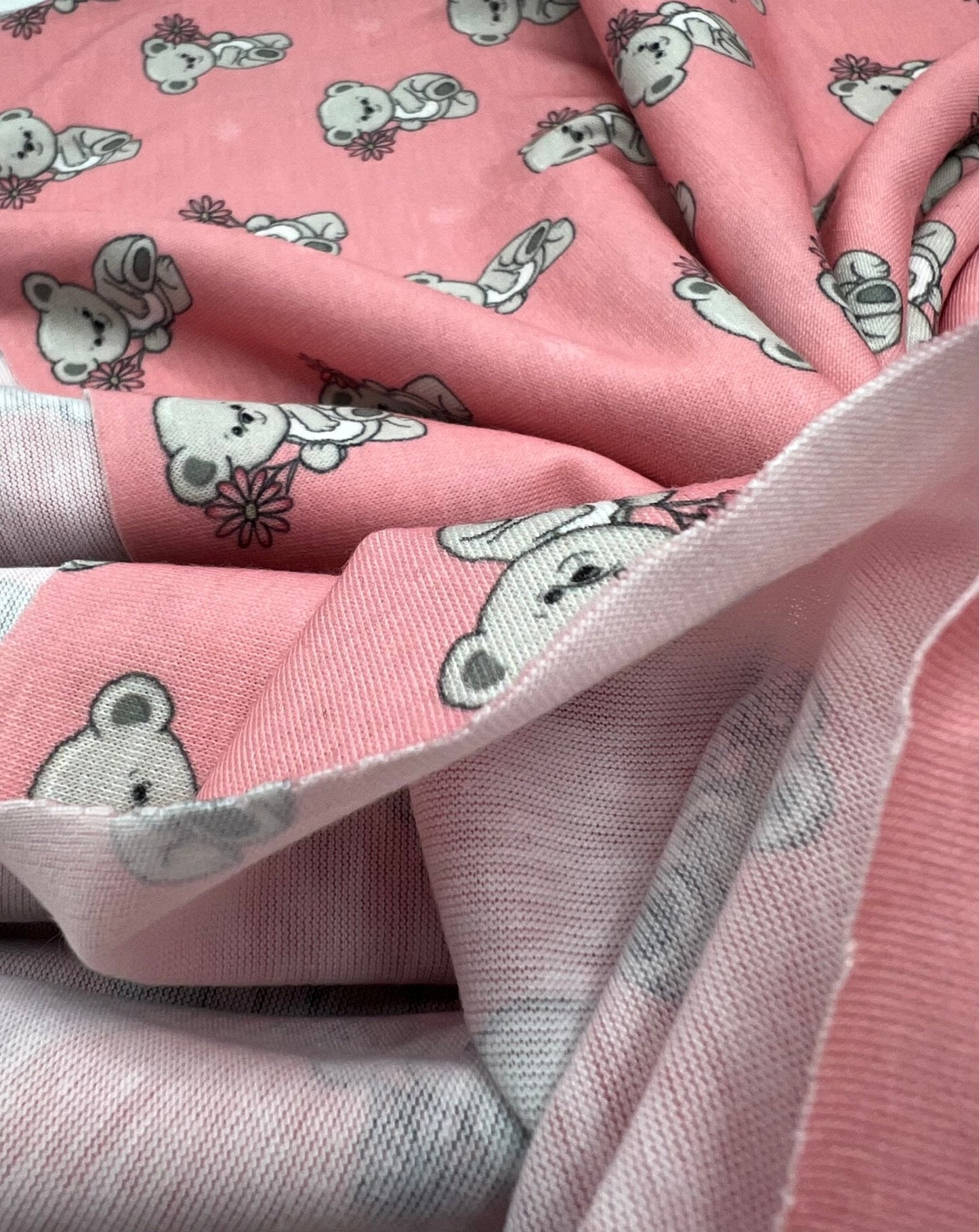 Pink Cute Teddy Bear Print Spun Poly Stretch Fabric