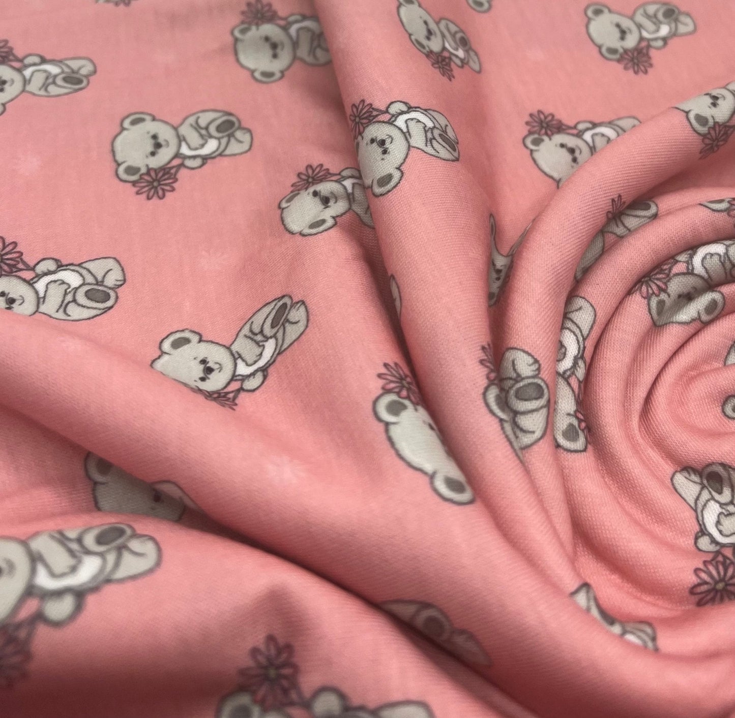 Pink Cute Teddy Bear Print Spun Poly Stretch Fabric