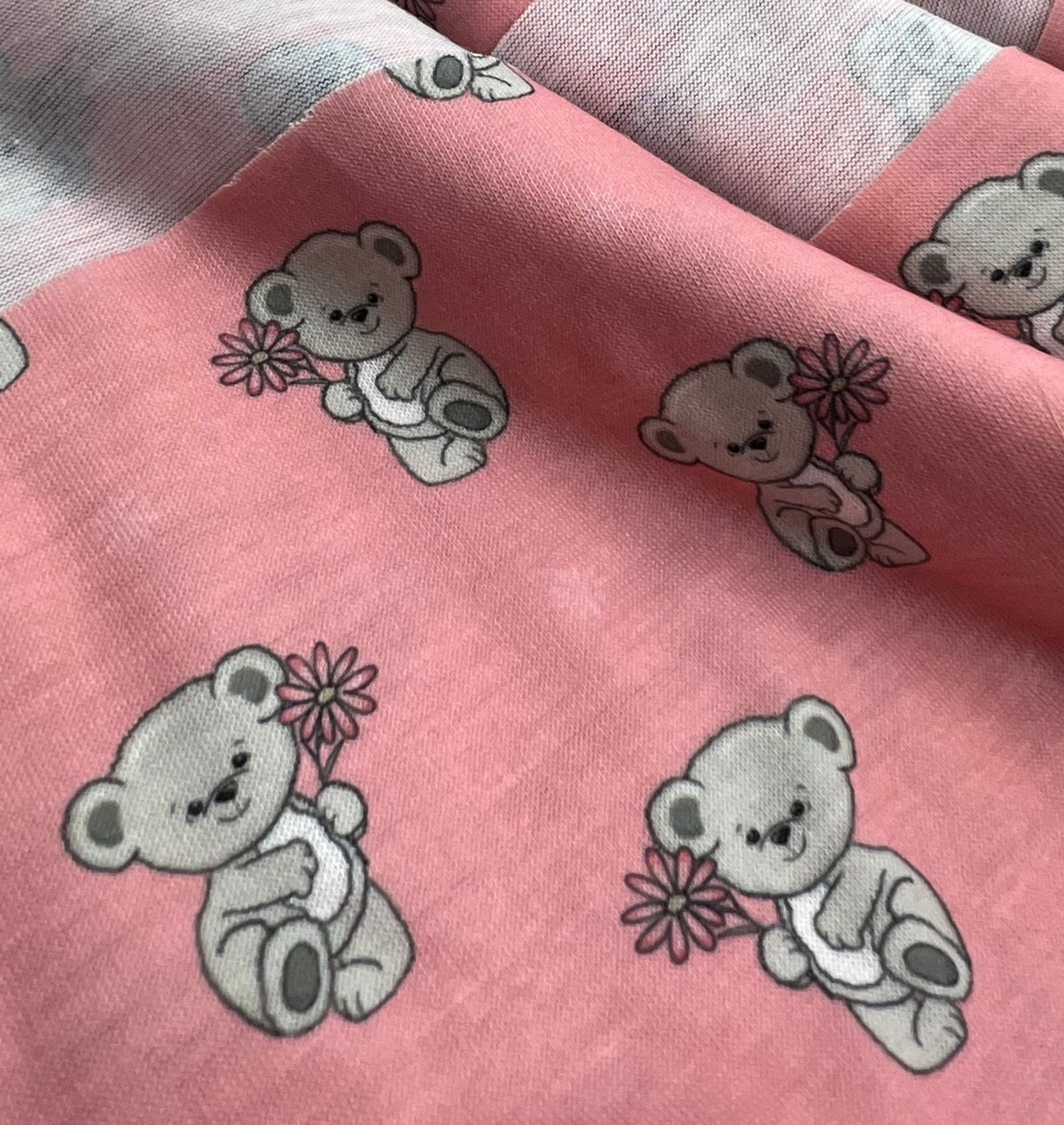 Pink Cute Teddy Bear Print Spun Poly Stretch Fabric