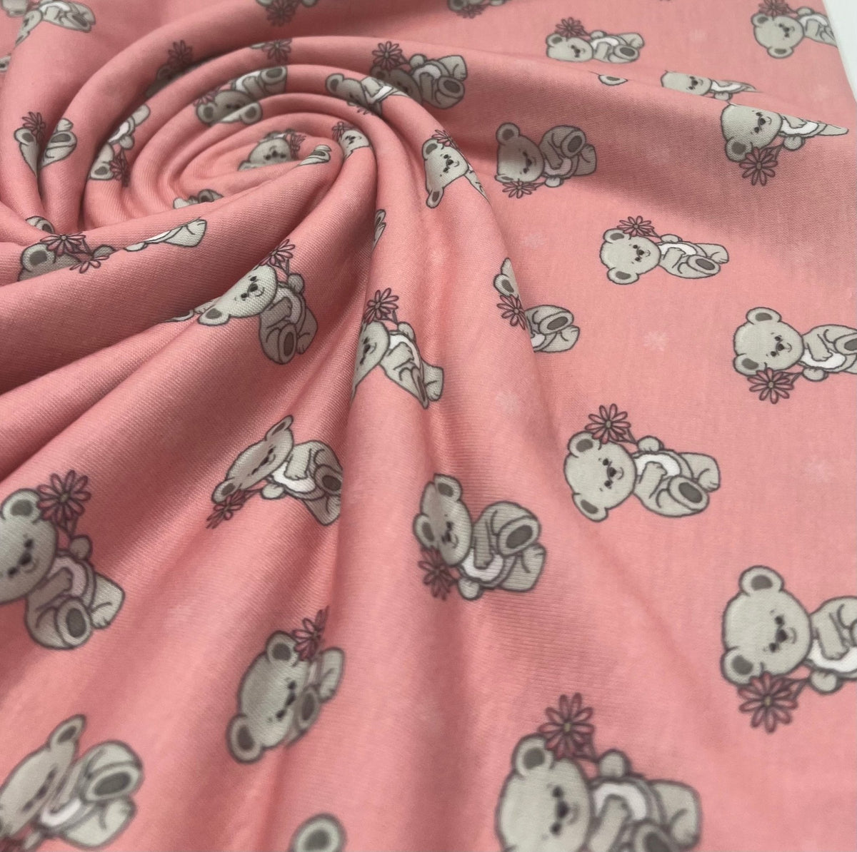 Pink Cute Teddy Bear Print Spun Poly Stretch Fabric