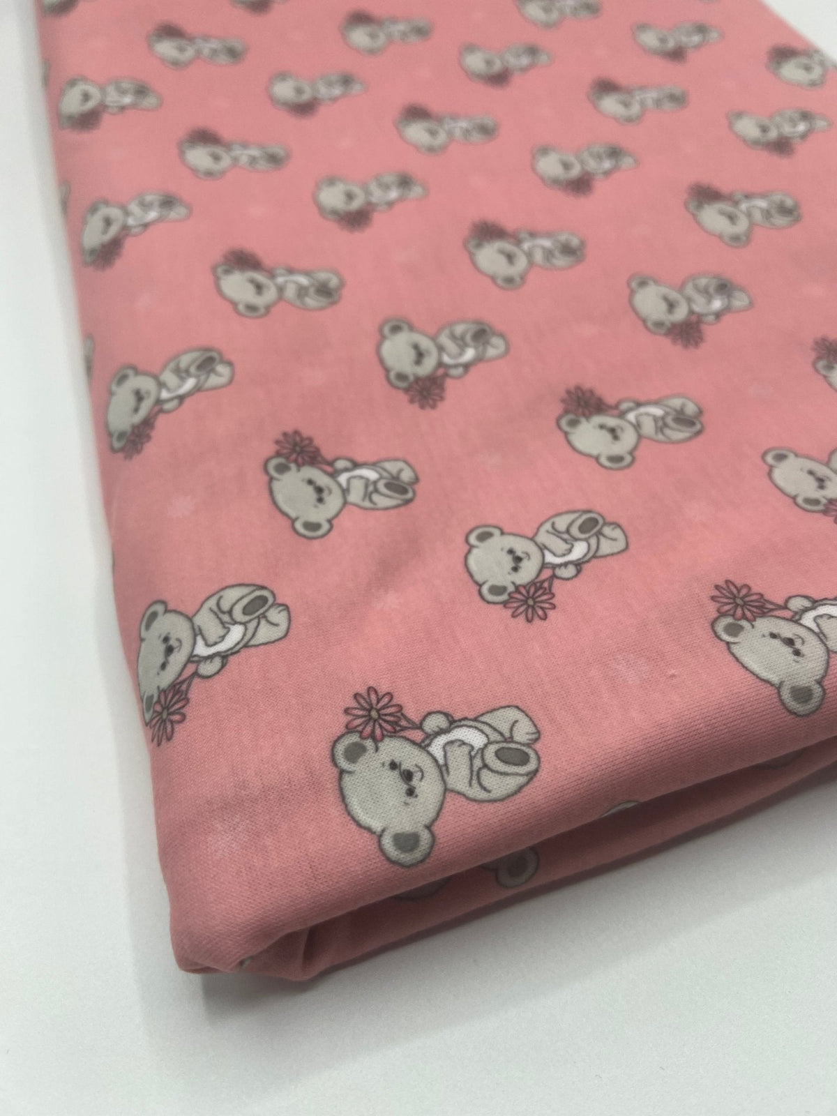 Pink Cute Teddy Bear Print Spun Poly Stretch Fabric