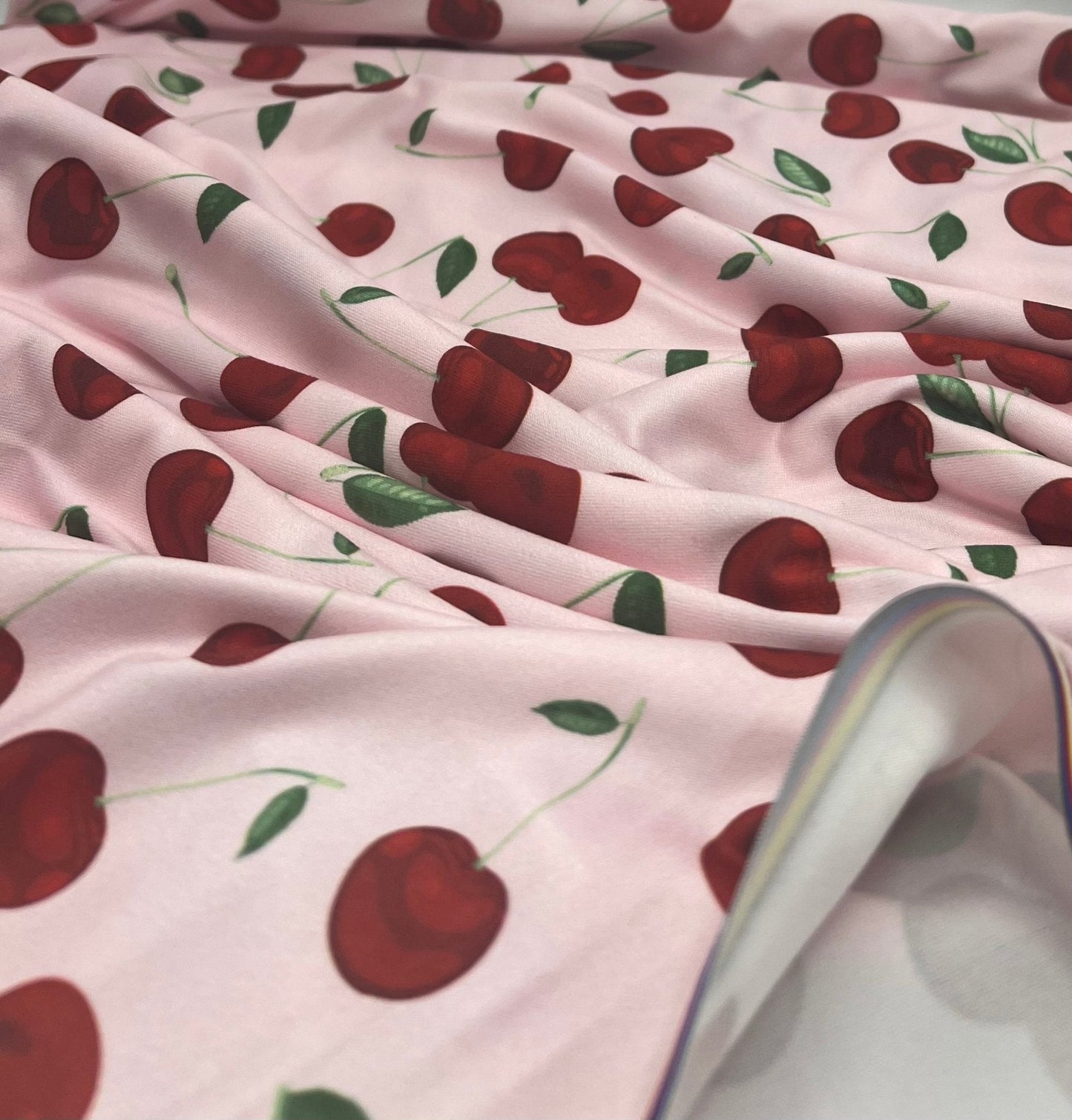 Pink Large Cherry Print Super Soft Spun Poly Stretch Fabric