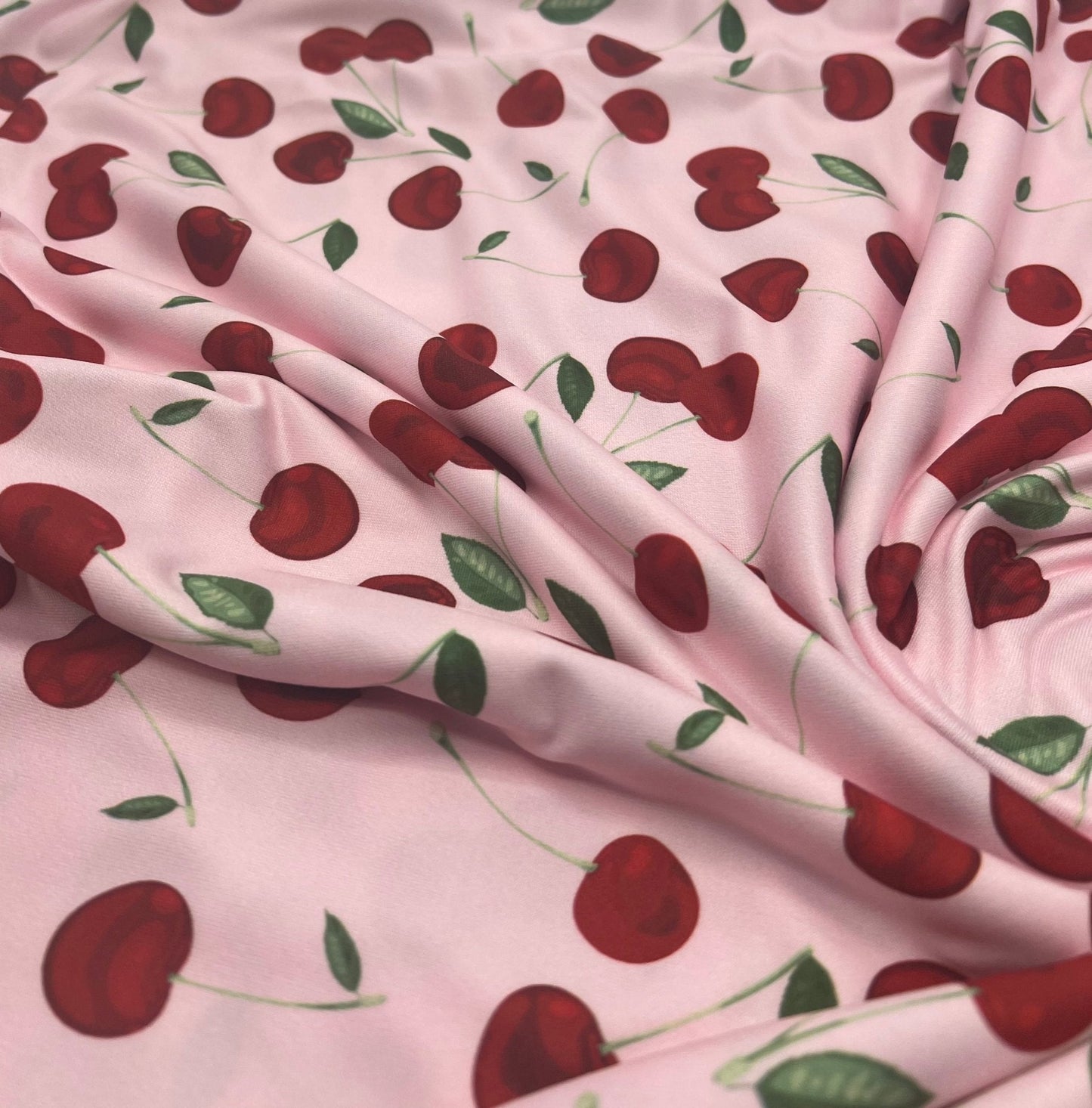 Pink Large Cherry Print Super Soft Spun Poly Stretch Fabric