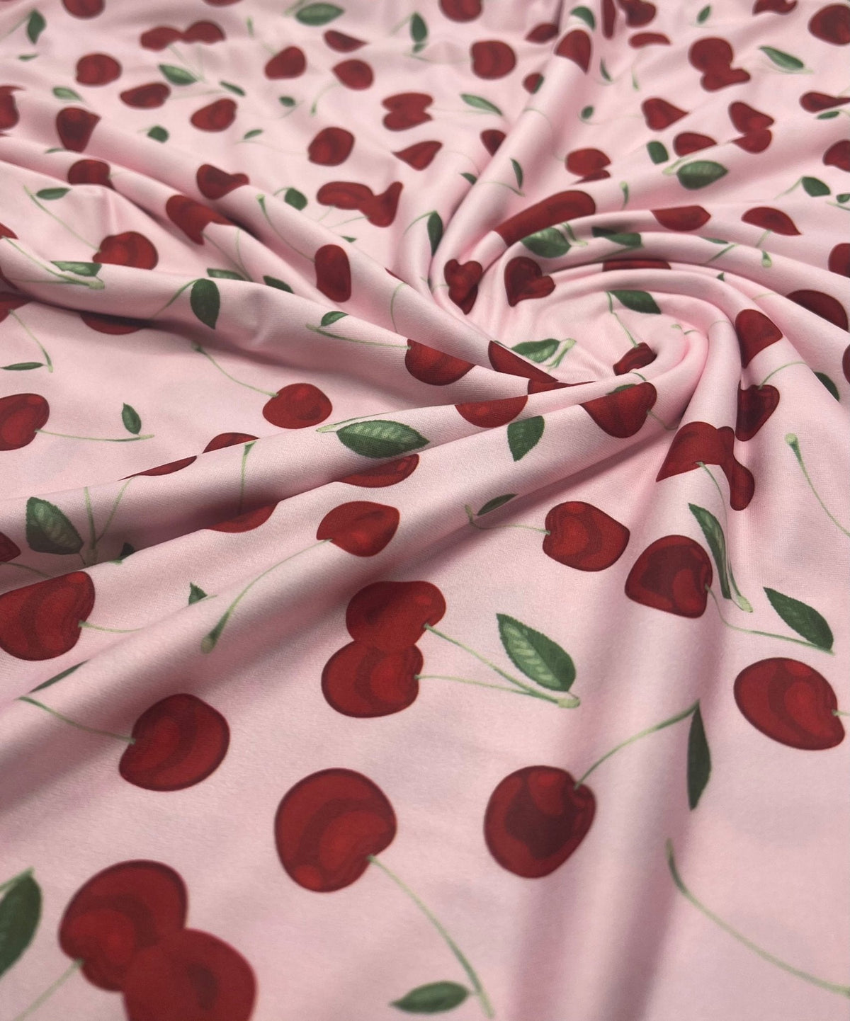 Pink Large Cherry Print Super Soft Spun Poly Stretch Fabric
