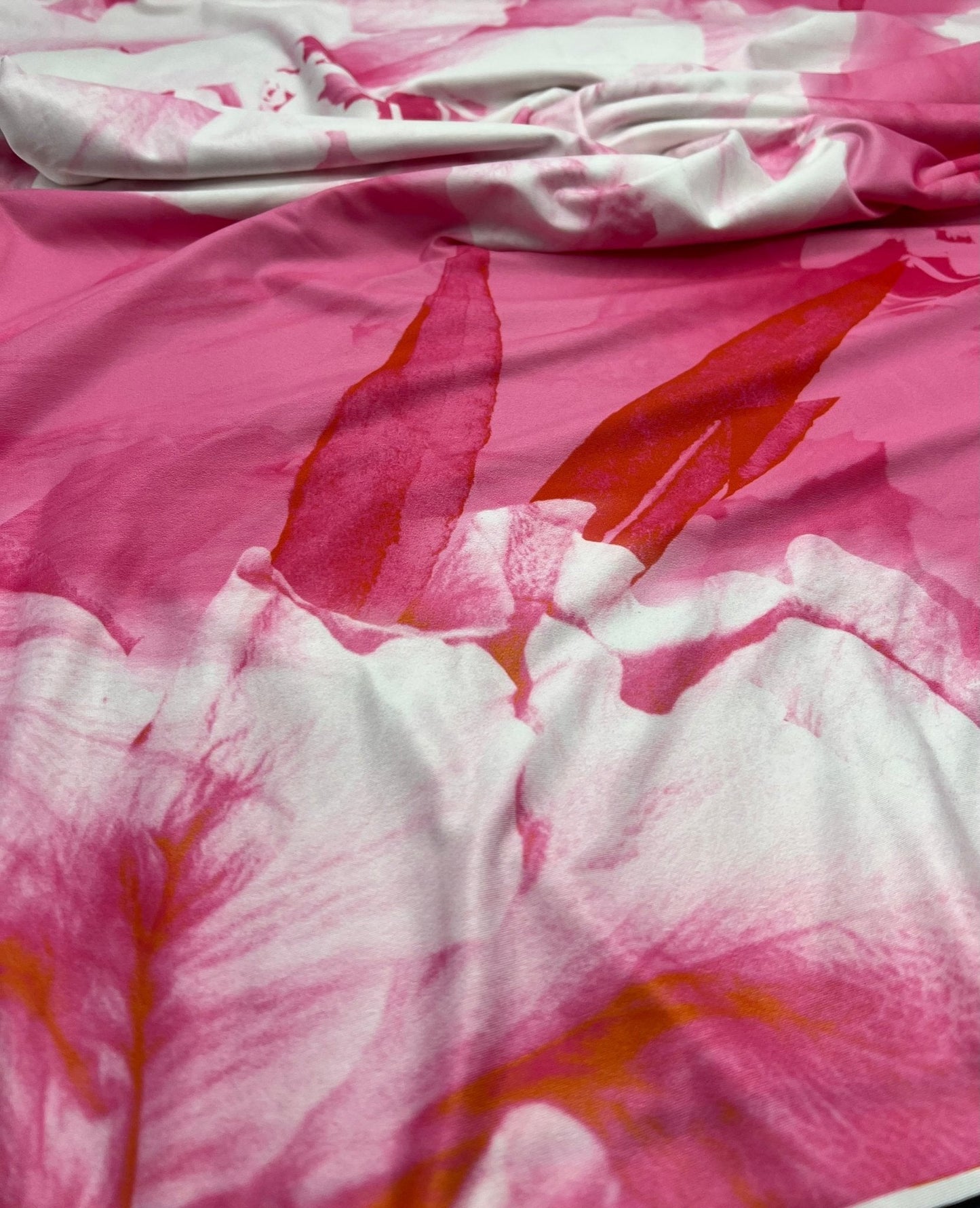 Pink Large Floral Orange Print Soft Touch 4 Way Stretch Fabric