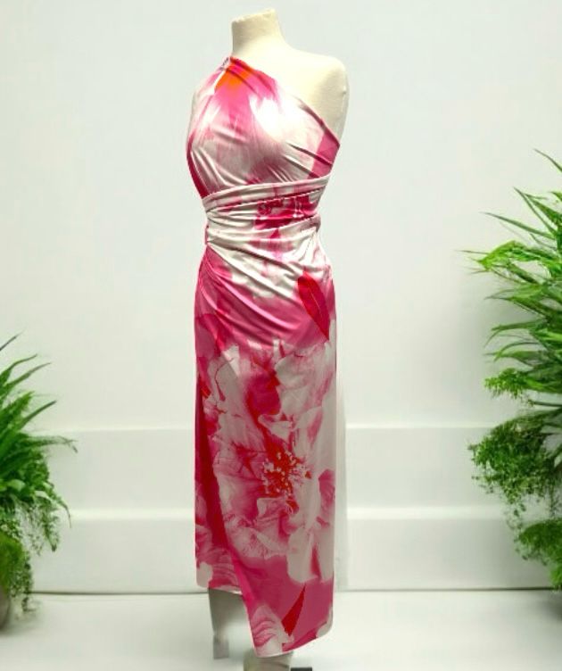 Pink Large Floral Orange Print Soft Touch 4 Way Stretch Fabric