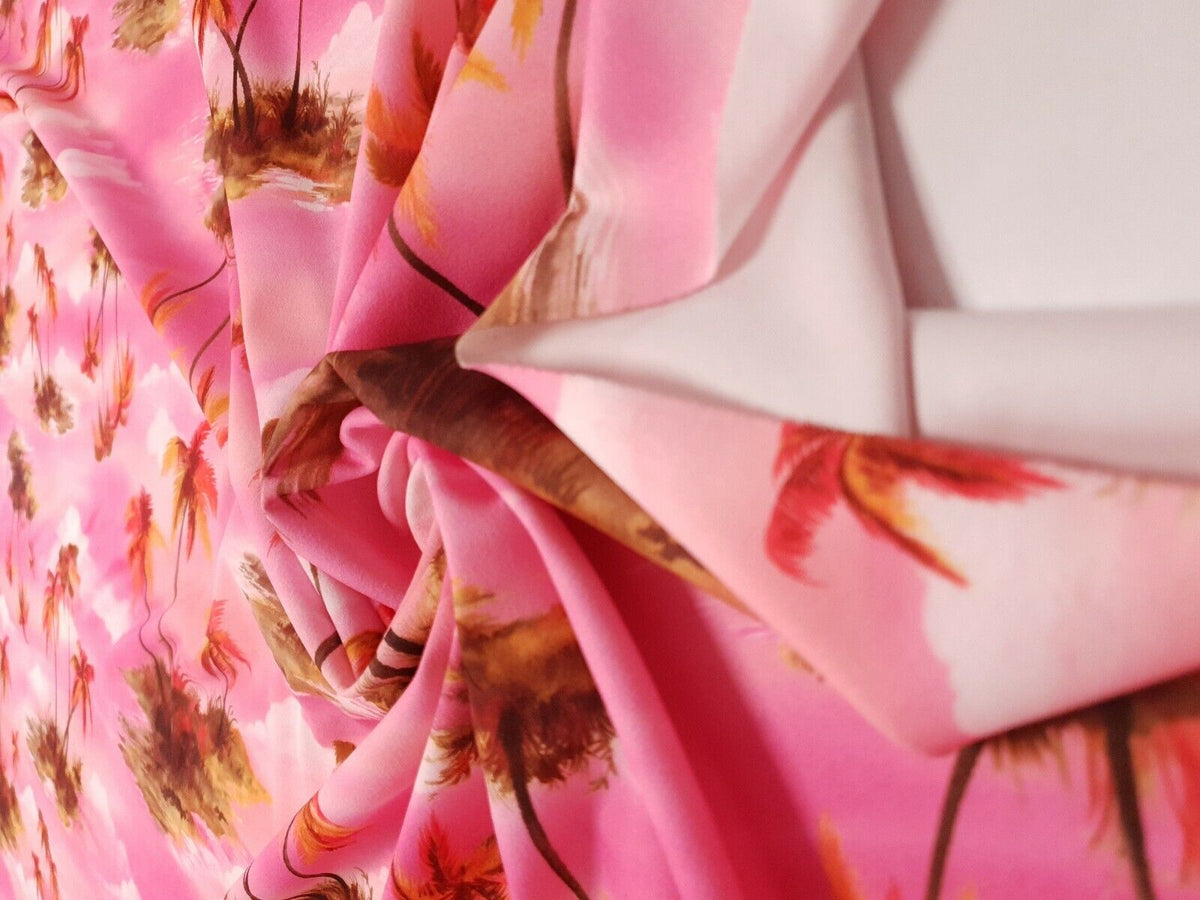 Pink Palm Tree Printed Scuba Crepe Jersey Fabric 4 Way Stretch