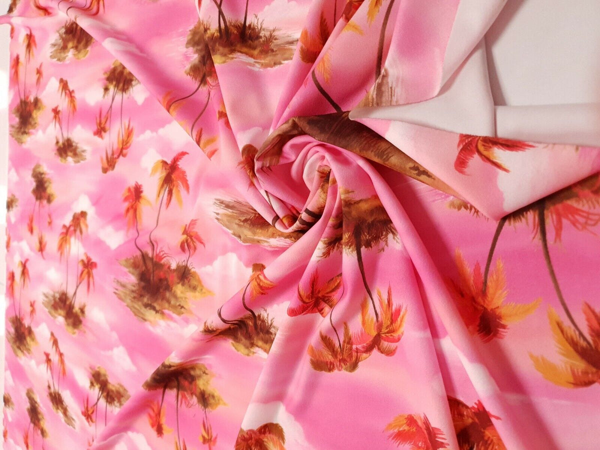 Pink Palm Tree Printed Scuba Crepe Jersey Fabric 4 Way Stretch