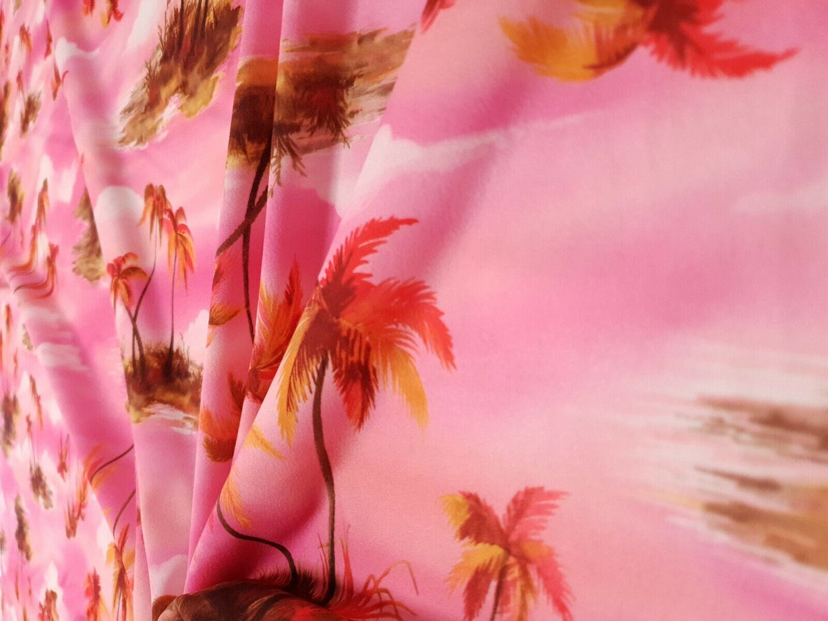 Pink Palm Tree Printed Scuba Crepe Jersey Fabric 4 Way Stretch