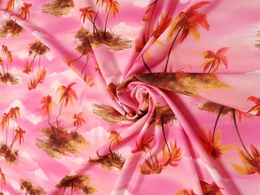 Pink Palm Tree Printed Scuba Crepe Jersey Fabric 4 Way Stretch