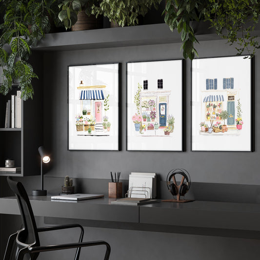 Pink Pictures Watercolour Flower Shop Cottage Fronts Wall Art Prints | Set of 3