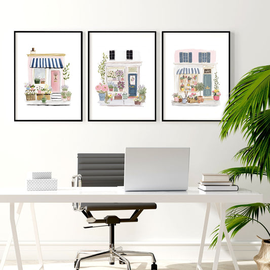 Pink Pictures Watercolour Flower Shop Cottage Fronts Wall Art Prints | Set of 3