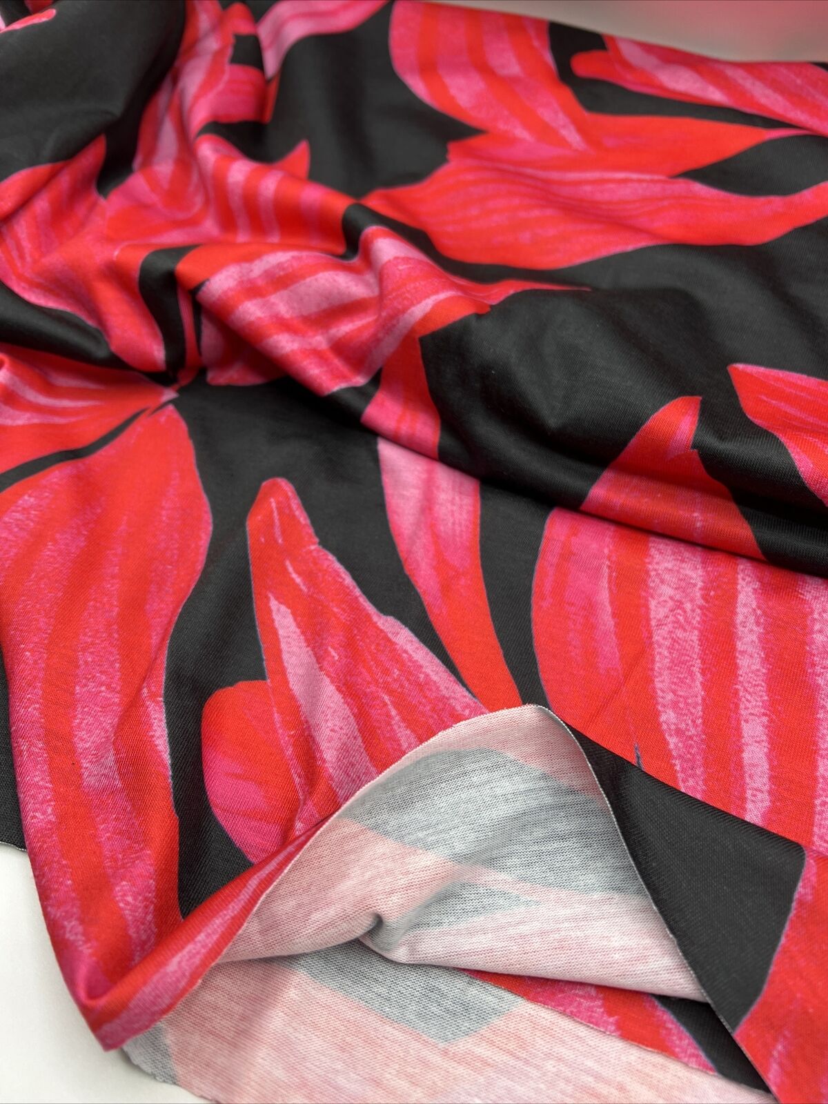 Pink Red Large Leaf Print Spun Poly Stretch Fabric