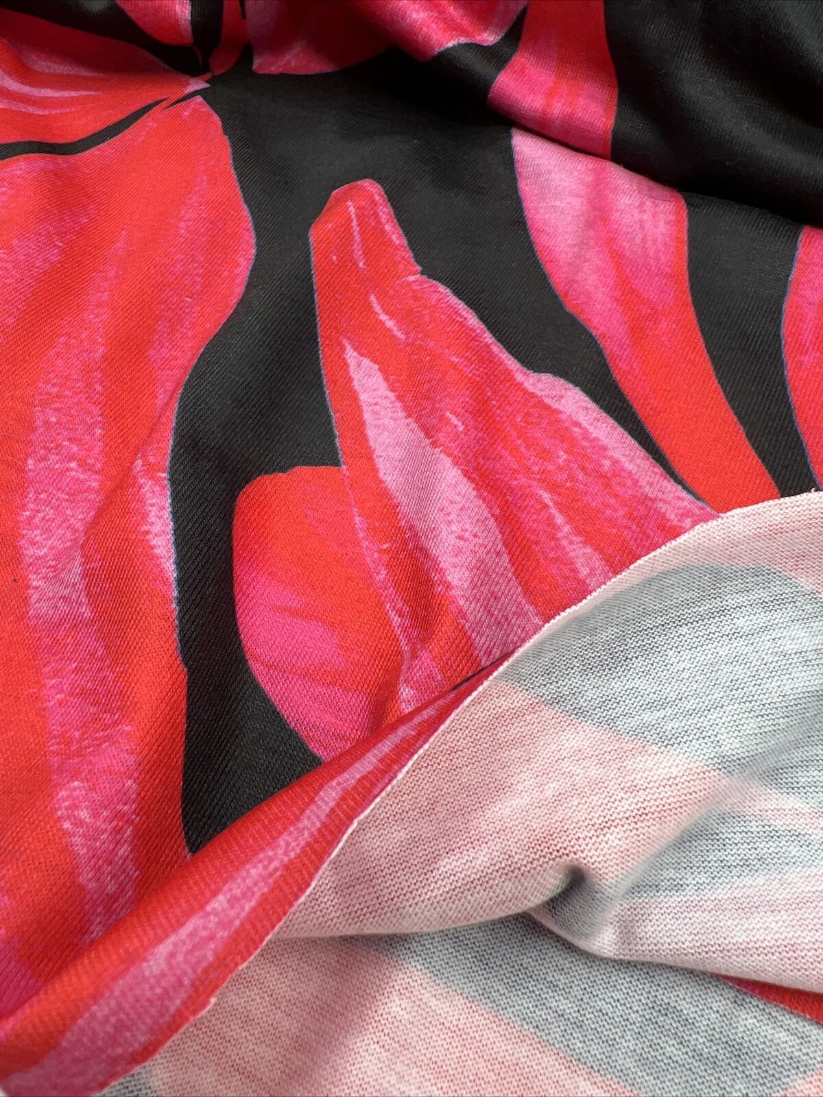 Pink Red Large Leaf Print Spun Poly Stretch Fabric