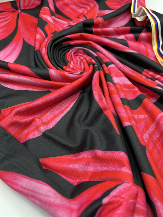 Pink Red Large Leaf Print Spun Poly Stretch Fabric