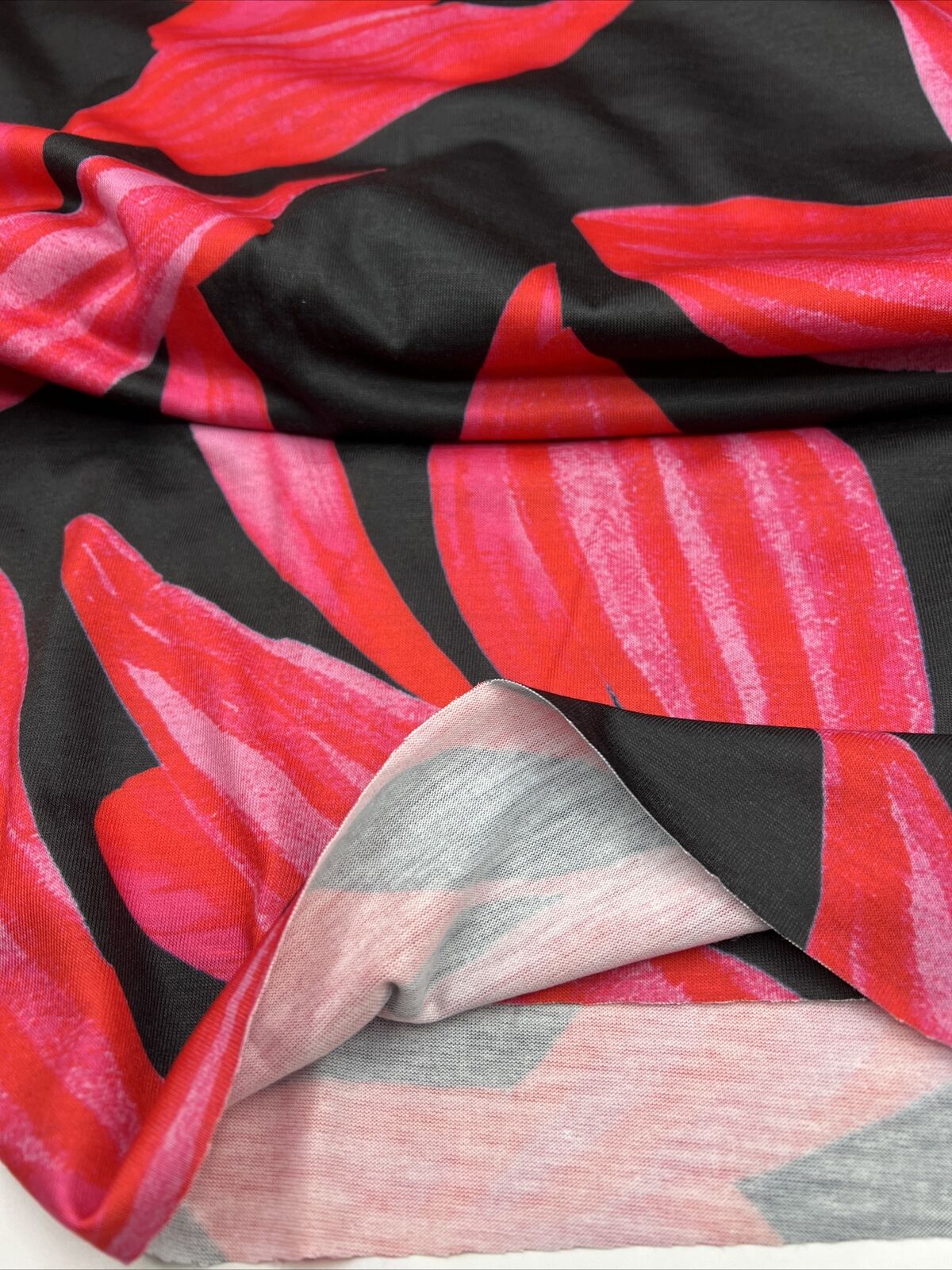 Pink Red Large Leaf Print Spun Poly Stretch Fabric