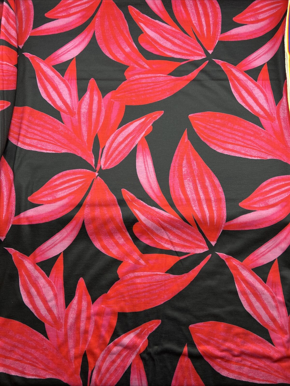 Pink Red Large Leaf Print Spun Poly Stretch Fabric