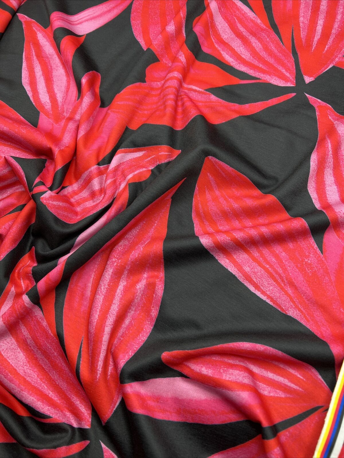 Pink Red Large Leaf Print Spun Poly Stretch Fabric