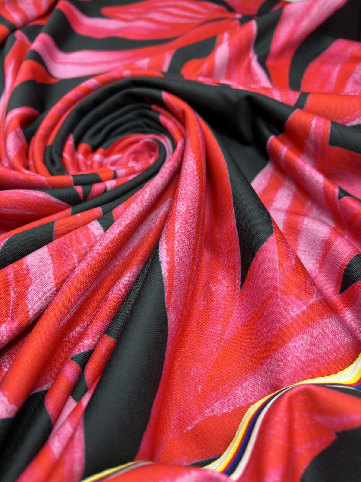 Pink Red Large Leaf Print Spun Poly Stretch Fabric