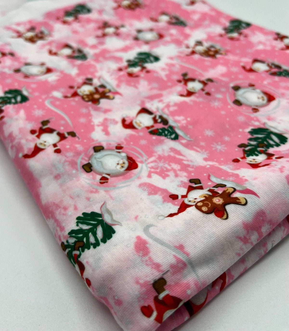Pink Santa Print Soft Spun Poly Stretch Fabric