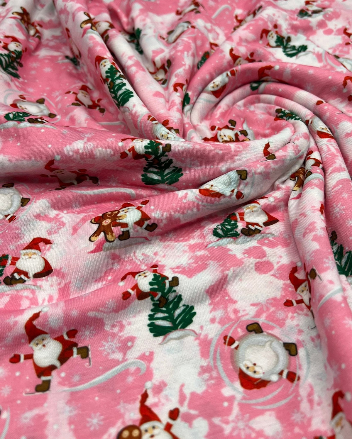 Pink Santa Print Soft Spun Poly Stretch Fabric