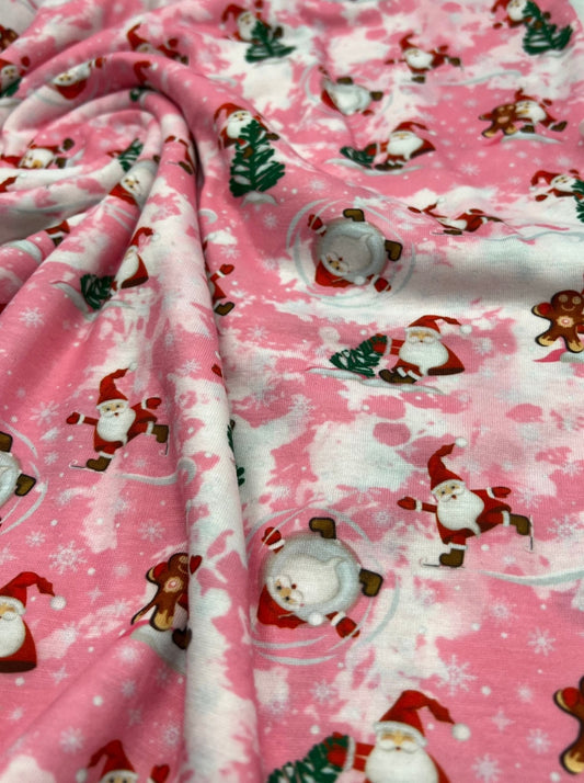Pink Santa Print Soft Spun Poly Stretch Fabric