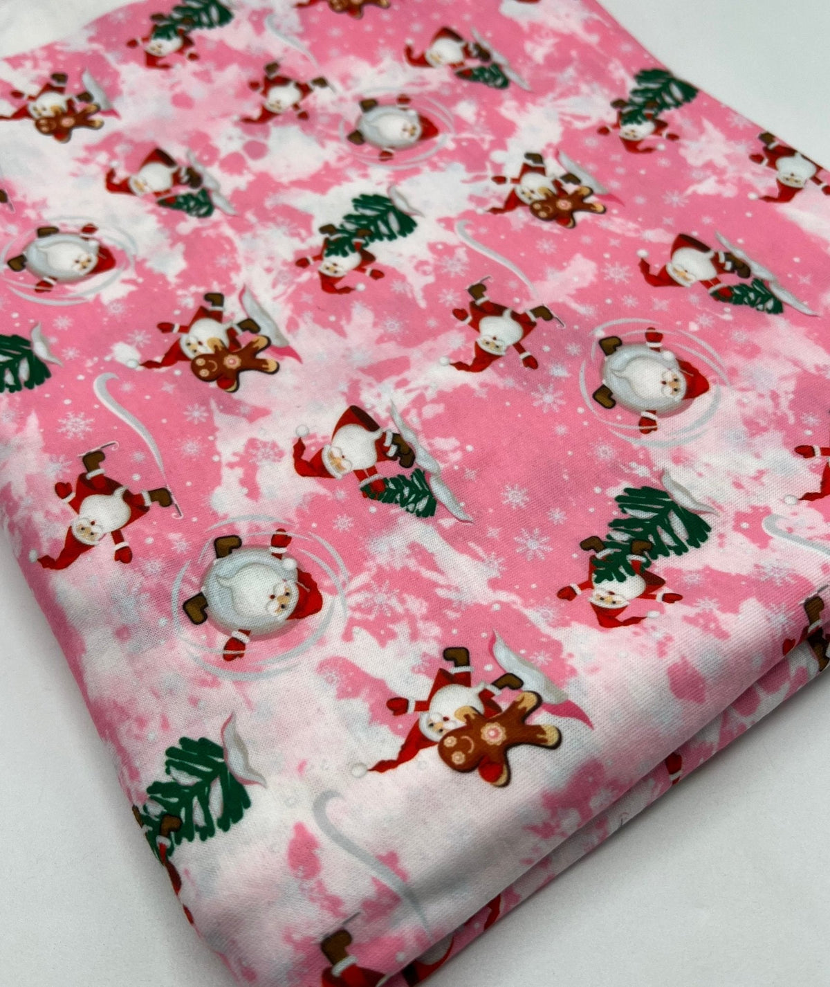 Pink Santa Print Soft Spun Poly Stretch Fabric