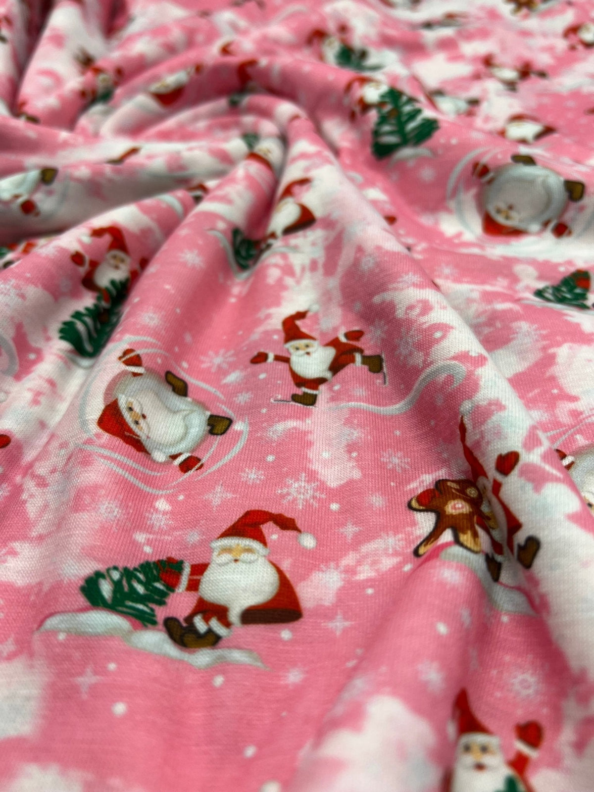 Pink Santa Print Soft Spun Poly Stretch Fabric