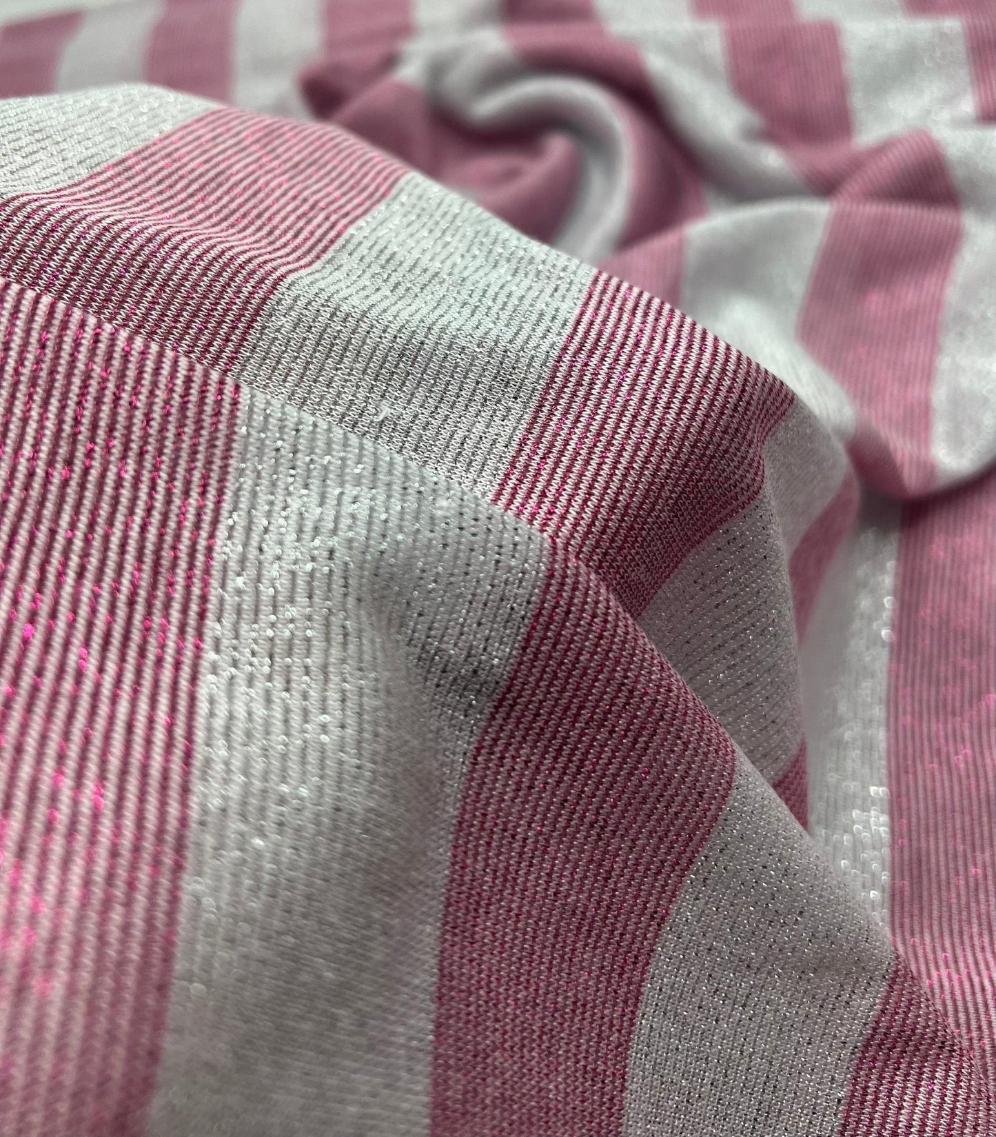 Pink Silver Metallic Stripe Knitted 2 Way Stretch Fabric