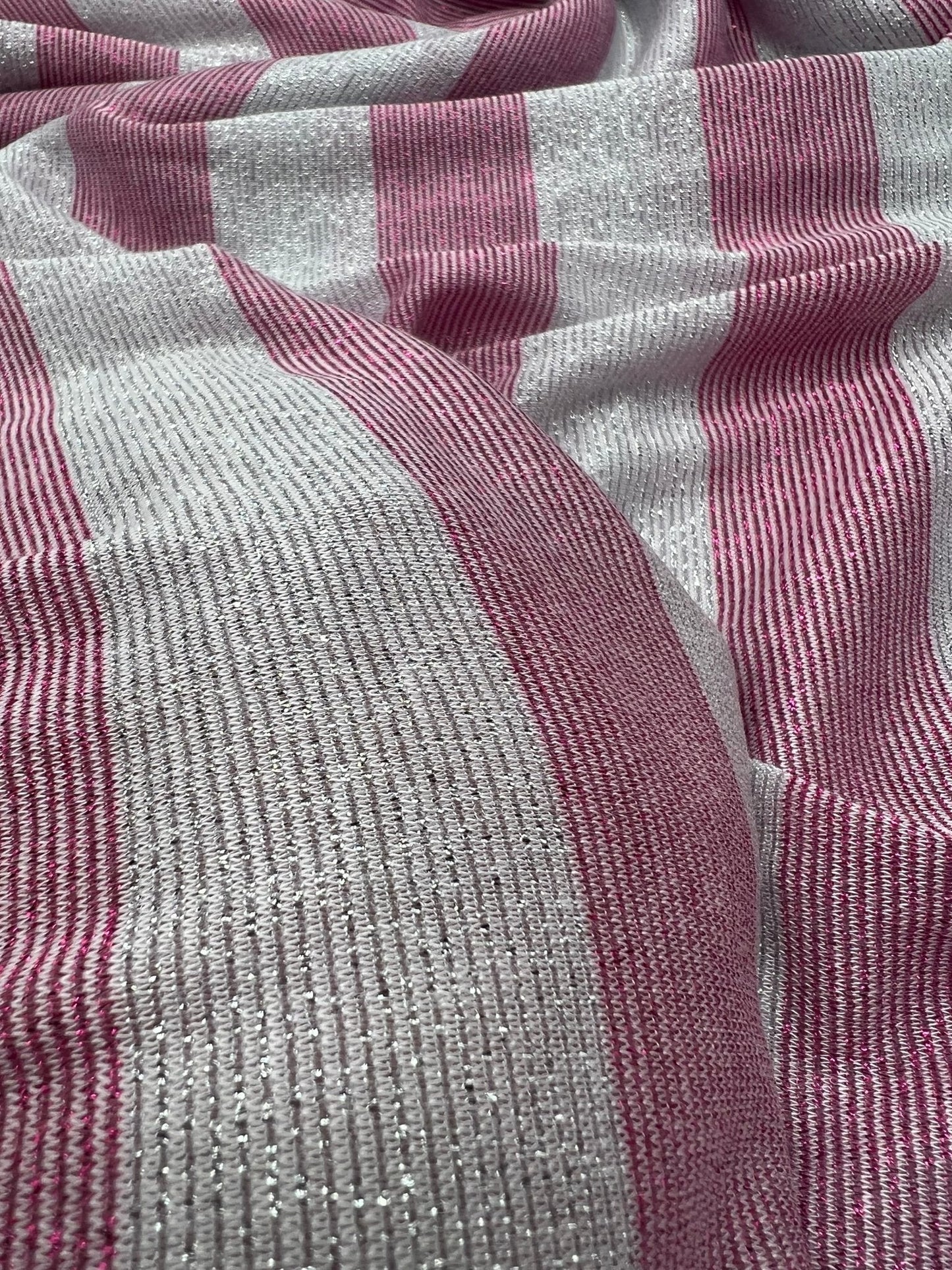 Pink Silver Metallic Stripe Knitted 2 Way Stretch Fabric