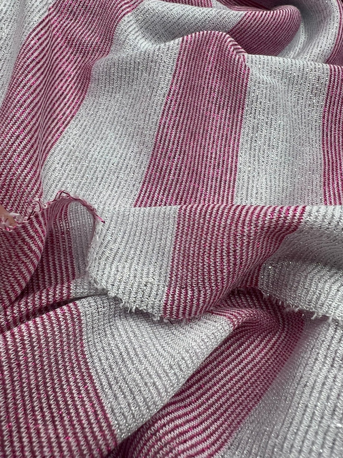 Pink Silver Metallic Stripe Knitted 2 Way Stretch Fabric