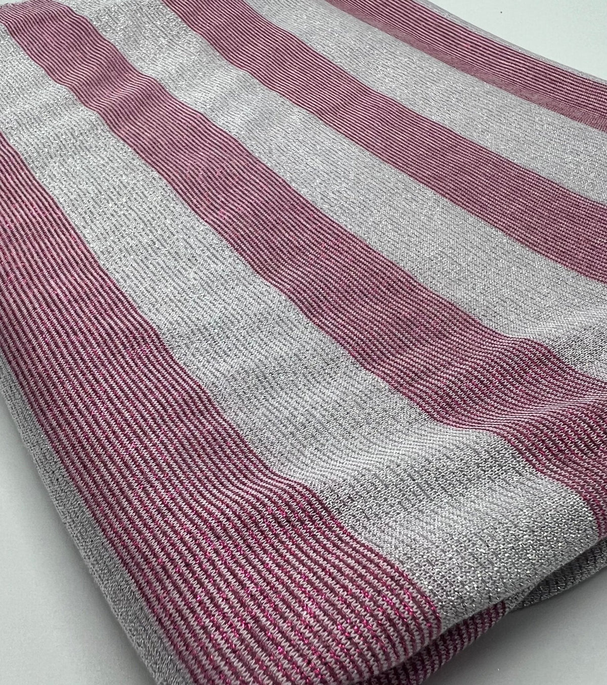 Pink Silver Metallic Stripe Knitted 2 Way Stretch Fabric