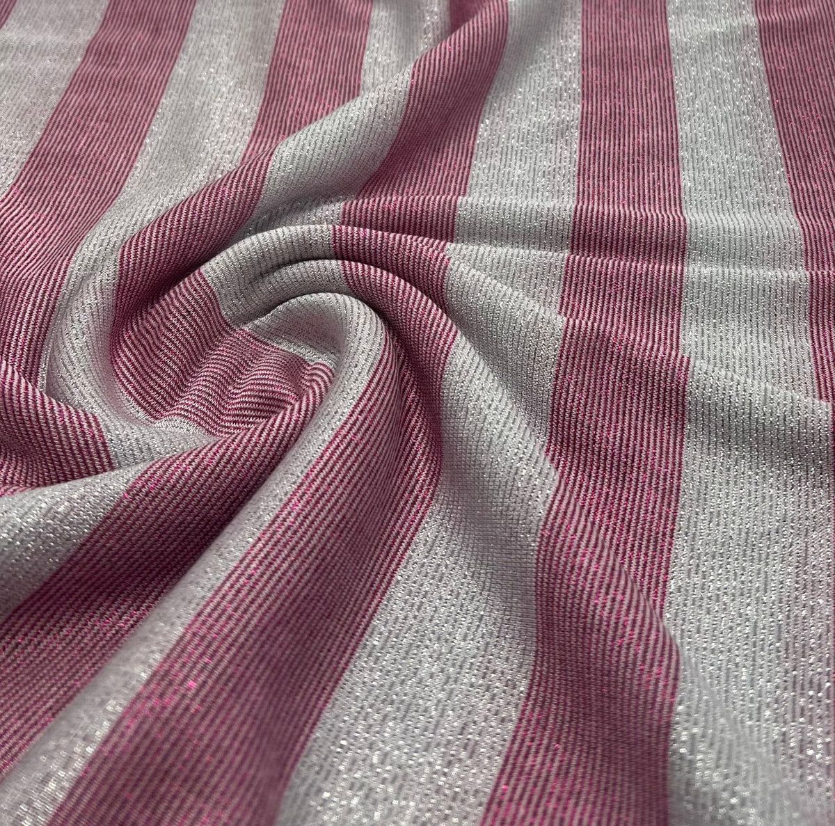 Pink Silver Metallic Stripe Knitted 2 Way Stretch Fabric