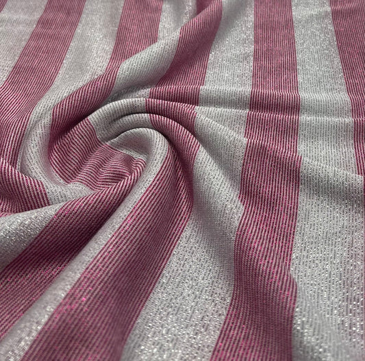 Pink Silver Metallic Stripe Knitted 2 Way Stretch Fabric
