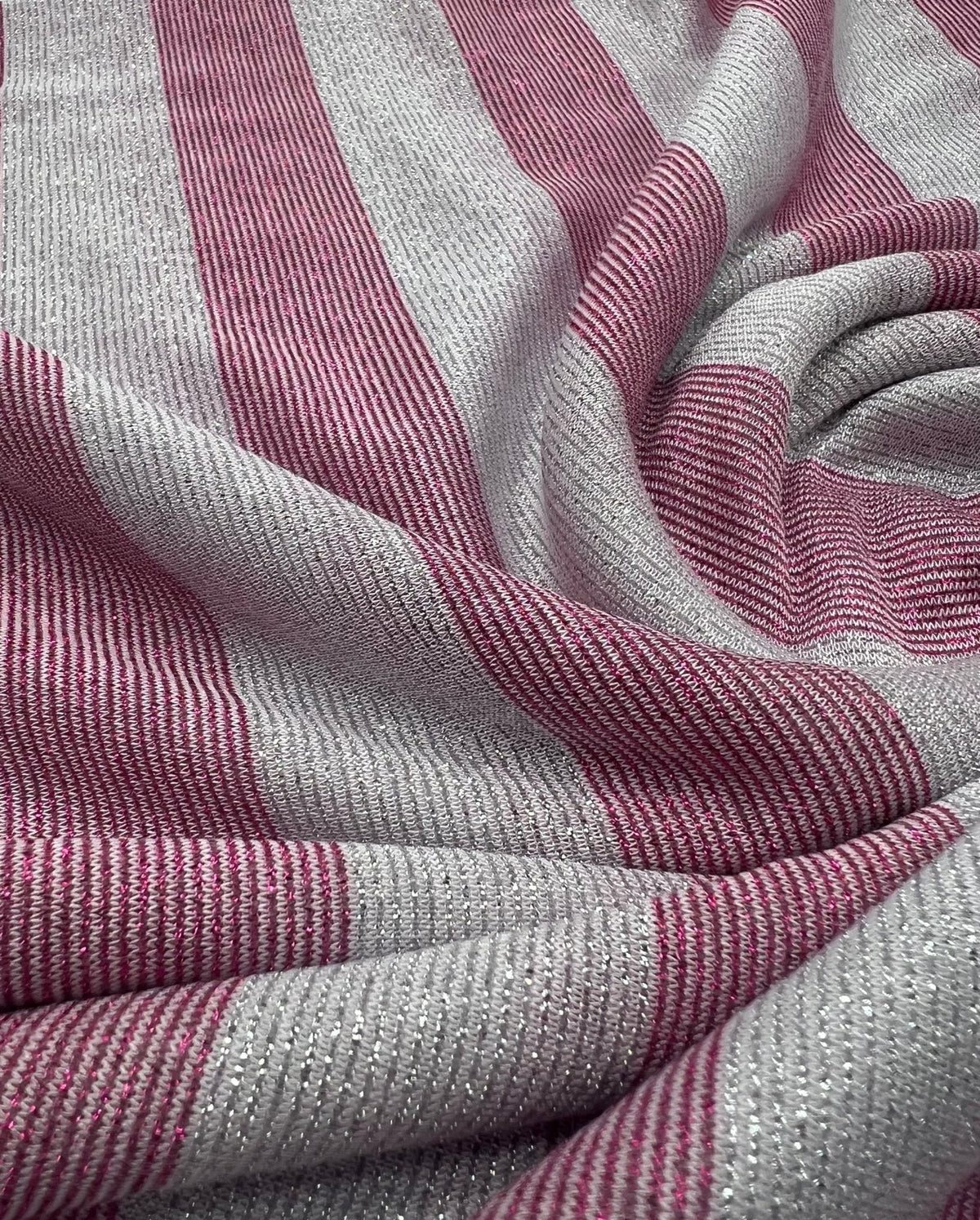 Pink Silver Metallic Stripe Knitted 2 Way Stretch Fabric